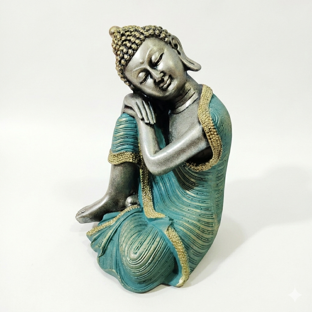 Serene Resting Buddha: Hand-Finished Teal & Silver Meditating Statue with Gilded Gold Accents - Gift & Stationary 1pcs - Image 1