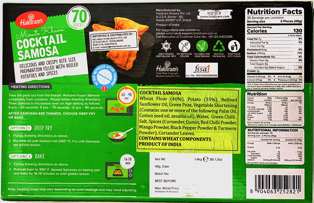 Haldiram's Cocktail Samosa 70pcs - Frozen & Fridge Foods 70pcs by Haldiram - Image 2