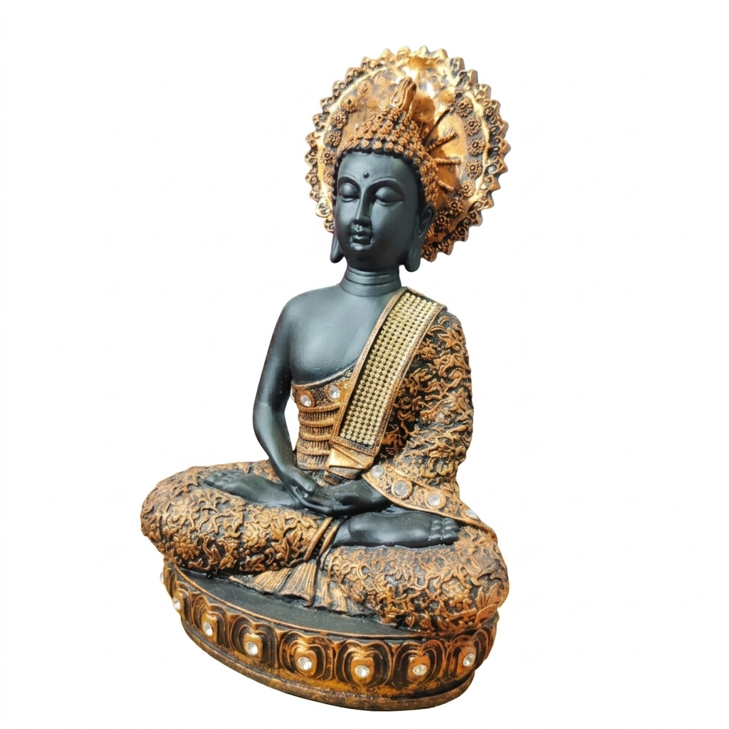 Hand-Finished Charcoal & Gold Statue with Ornate Sun Halo and Gem-Studded Lotus Base - Gift & Stationary 1pcs - Image 1
