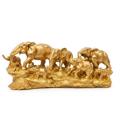 Golden Elephant Family Statue on Ornate Rocky Terrain