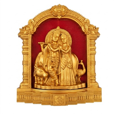 Divine Radha Krishna Eternal Love Frame: 3D Gilded Gold Figurine with Cow & Peacock on Regal Crimson Backdrop