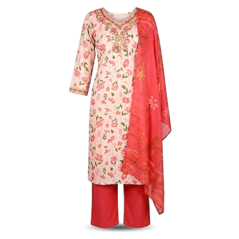 Women's Floral Printed Pink Cotton Kurta Pant Set with Dupatta