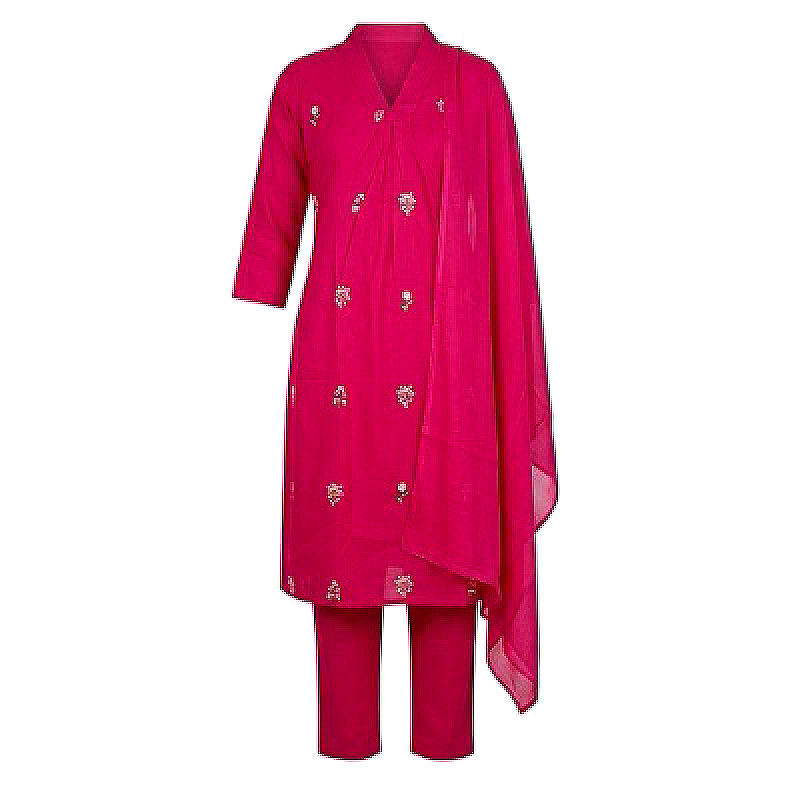 Women's Hot Pink Embroidered Cotton Kurta Pant Set with Dupatta